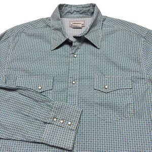 Wrangler Wrancher Shirt Mens Large‎ Blue Geometric Pearl Snap Western MTW1432